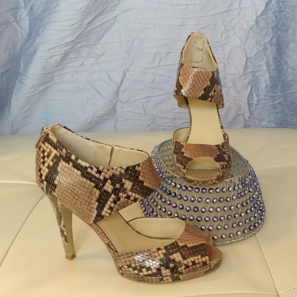 Snake print peep toe heels